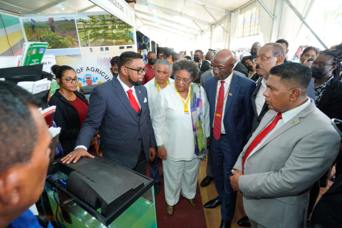 President Irfaan Ali (left) engaging with fellow CARICOM leaders at the exhibition which was part of the agricultural forum yesterday at the Arthur Chung Conference Centre. (Office of the President photo)
