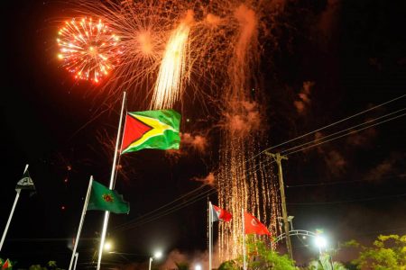 The Golden Arrowhead lit up yesterday morning by a cascade of coruscating fireworks compliments of the Guyana Defence Force. (Office of the President photo) 