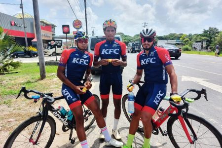 Top 3! The trio of Team Evolution riders, Christopher Griffith, Curtis Dey and Paul DeNobrega swept the podium in yesterday’s 60-mile Arokium Memorial road race which was staged in Berbice.