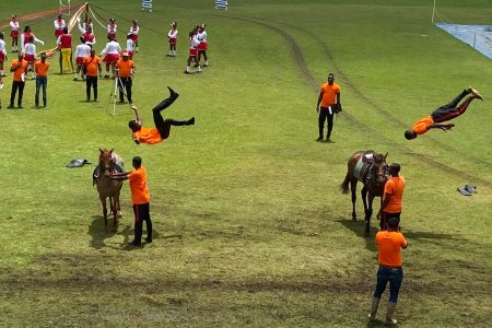 The Police Sports Club Ground at Eve Leary was a hub of entertainment as the Guyana Police Force yesterday held “Gymkhana 2022” after a two-year hiatus due to COVID-19. This Ministry of Home Affairs photo shows some daredevil stunts with horses.
