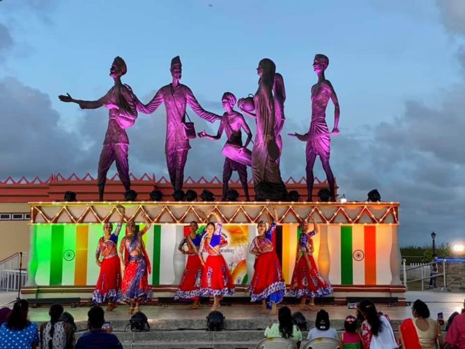 Arrival Day 2022: A dance by the Guyana Hindu Dharmic Sabha yesterday in the backdrop of the Indian Arrival Monument at Palmyra, Corentyne. (Guyana Hindu Dharmic Sabha photo)
