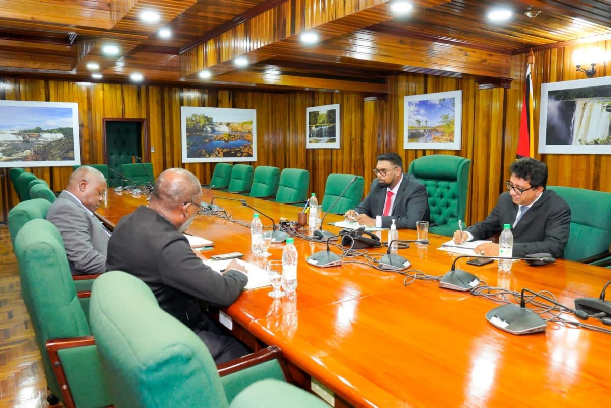 The initial meeting between President Irfaan Ali and Leader of the Opposition Aubrey Norton (Office of the President photo) 