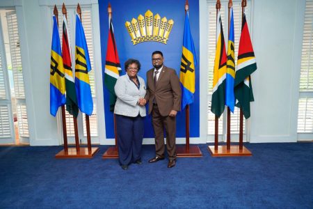 President Irfaan Ali and Barbadian Prime Minister Mia Mottley at State House yesterday. (Office of the President photo)