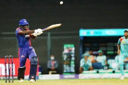 Rovman Powell goes on the attack during his innings for Delhi Capitals yesterday. (Photo courtesy IPL) 