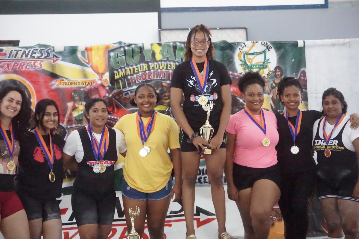 PRETTY MEDALISTS ALL IN A ROW.  The female medal winners of yesterday’s Guyana Amateur Powerlifting Federation’s Masters and Intermediate championships pose for Stabroek Sports Emmerson Campbell.
