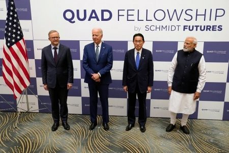 (From left) Australian Prime Minister Anthony Albanese, U.S. President Joe Biden, Japanese Prime Minister Fumio Kishida and Indian Prime Minister Narendra Modi pose for photos as they arrive prior to the Quad fellowship announcement at the Japanese prime minister's office on May 24 in Tokyo. (AP Photo)