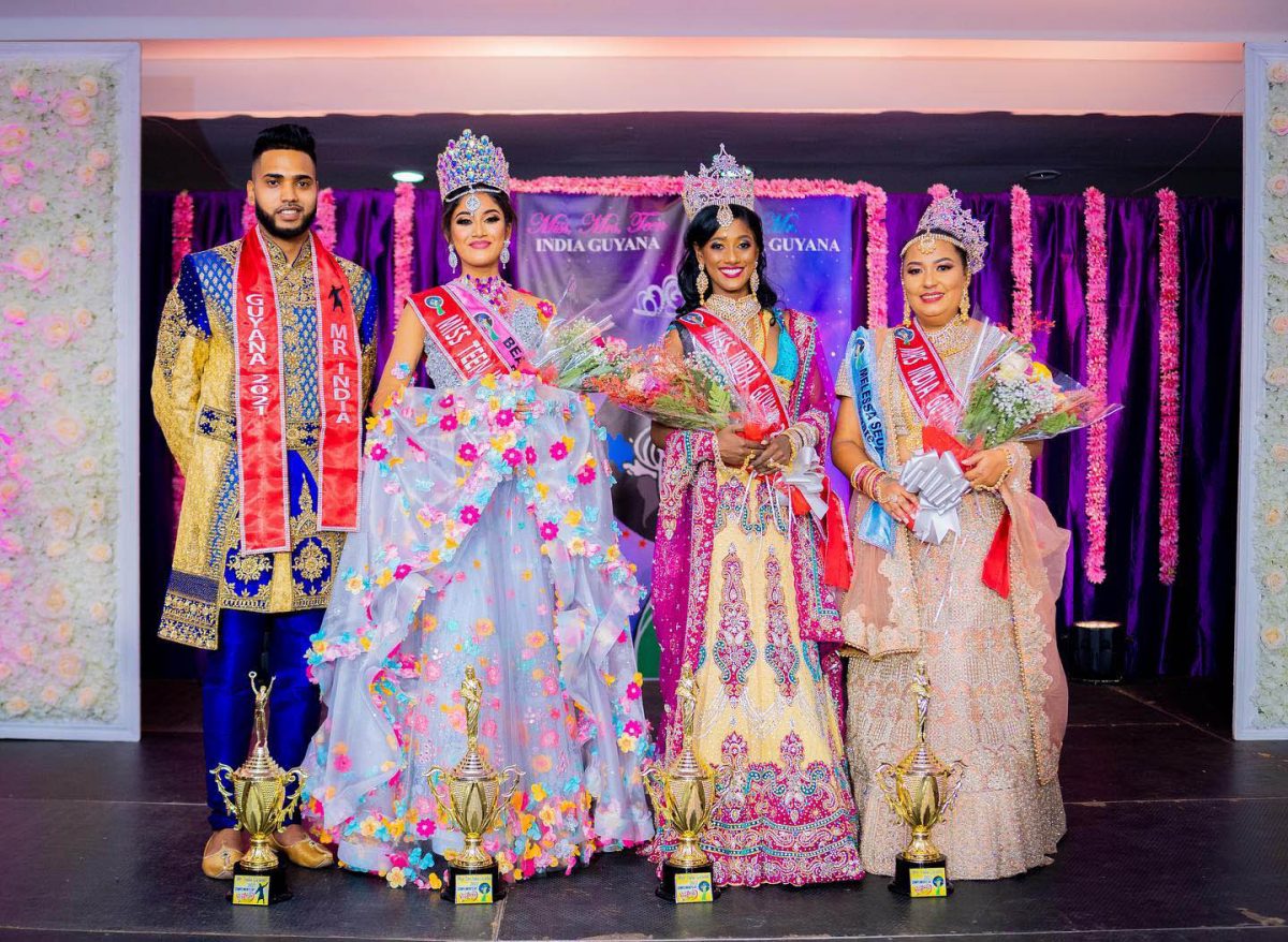 The India Guyana pageant winners. From left, Mario Moonsammy, Beauty Razack, Maya Persaud and Melessa Seupaul. Photo by Ravindra Racktoo