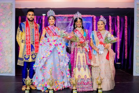The India Guyana pageant winners. From left, Mario Moonsammy, Beauty Razack, Maya Persaud and Melessa Seupaul. Photo by Ravindra Racktoo