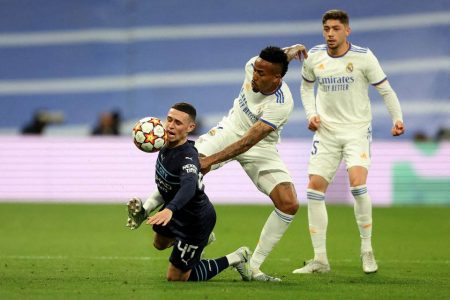 Manchester City’s Phil Foden in action against Real Madrid’s Eder Militao. Action Images via Reuters/Carl Recine.