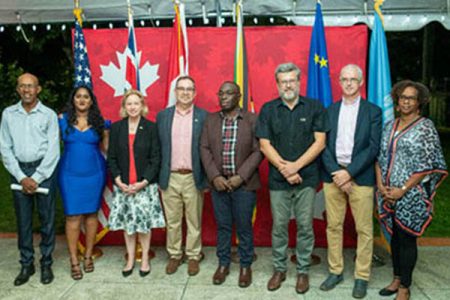 From left are journalist Denis Chabrol; President of the Guyana Press Association, Nazima Raghubir; United States Ambassador, Sarah Ann Lynch; High Commissioner of Canada, Mark Berman; Minister within the Office of the Prime Minister with responsibility for Public Affairs, Kwame McCoy; Ambassador of the European Union to Guyana, Fernando Ponz Cantó; Deputy British High Commissioner Ray Davidson and UN representative, Dr. Gillian Smith. (DPI photo)