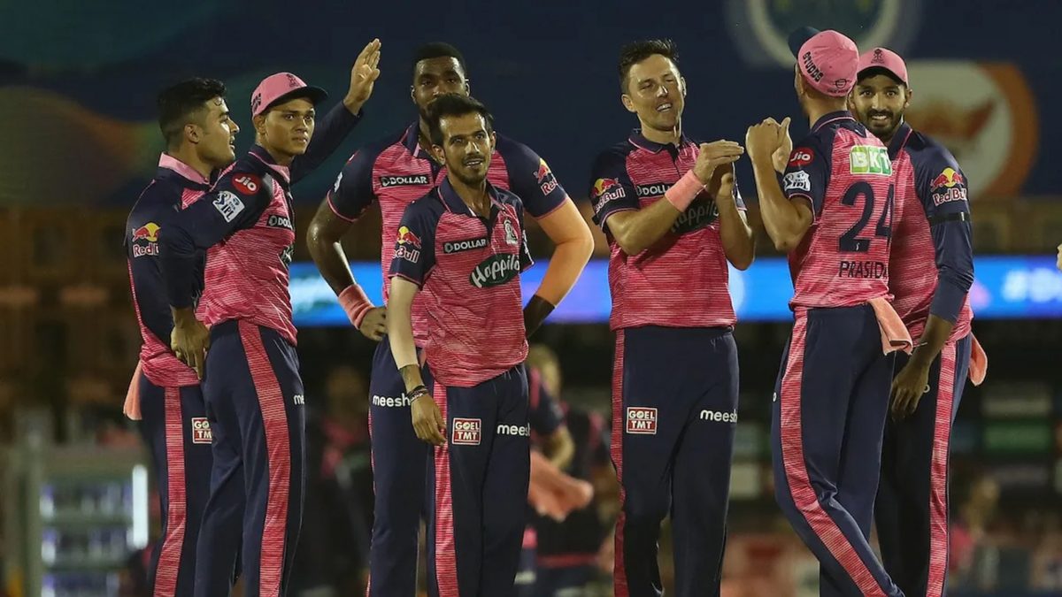 The Rajasthan Royals players celebrate their 24-run defeat of Lucknow Super Giants. (Photo courtesy IPL website) 