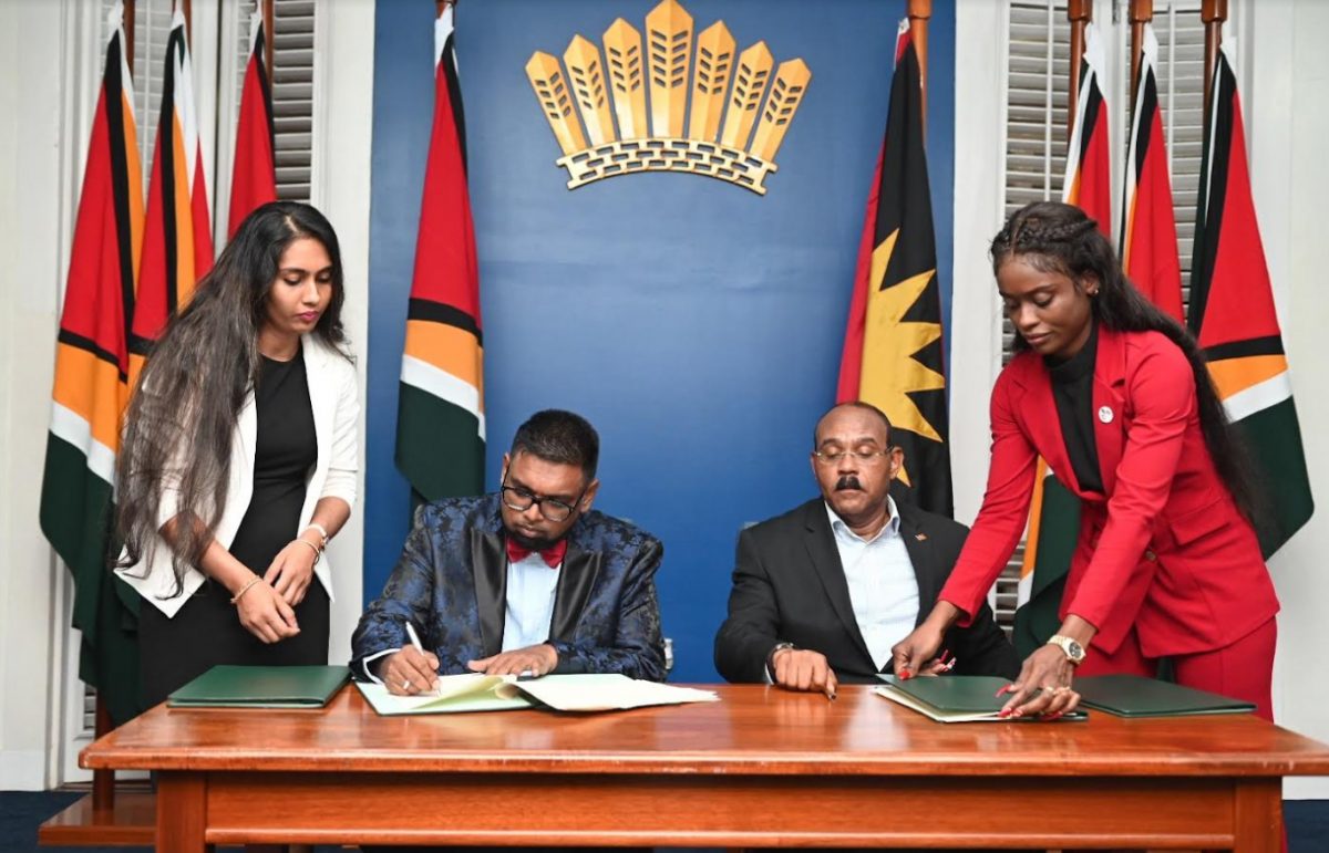 Guyana's President  Dr Mohamed Irfaan Ali and Antigua and Barbuda's Prime Minister Gaston Browne signed a Memorandum of Understanding (Office of the President picture)