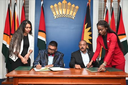 Guyana's President  Dr Mohamed Irfaan Ali and Antigua and Barbuda's Prime Minister Gaston Browne signed a Memorandum of Understanding (Office of the President picture)