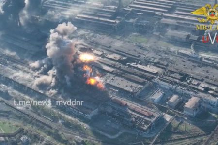 An aerial view of a possible shelling of Azovstal complex, in Mariupol, Ukraine, in this still image from a handout video acquired by Reuters on May 5, 2022.   Ministry of Internal Affairs Donetsk People's Republic/Handout via REUTERS