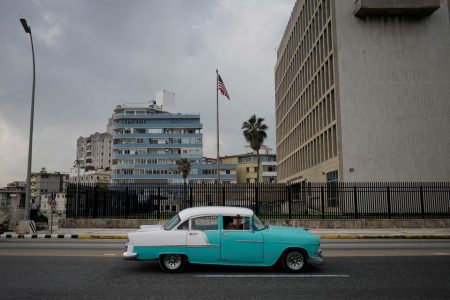 A vintage car passes by the U.S. Embassy in Havana, Cuba, October 30, 2020.  (Reuters photo)