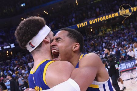 Klay Thompson and Jordan Poole cannot hide their exuberance after the Golden State Warriors escaped with a one point win over the Memphis Grizzlies in game one of their Western Conference semi-finals yesterday.