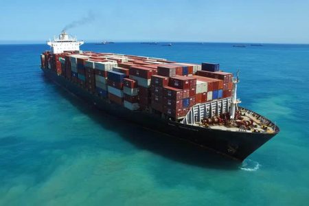 A laden container vessel at sea