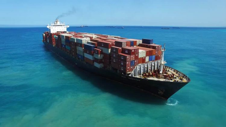 A laden container vessel at sea