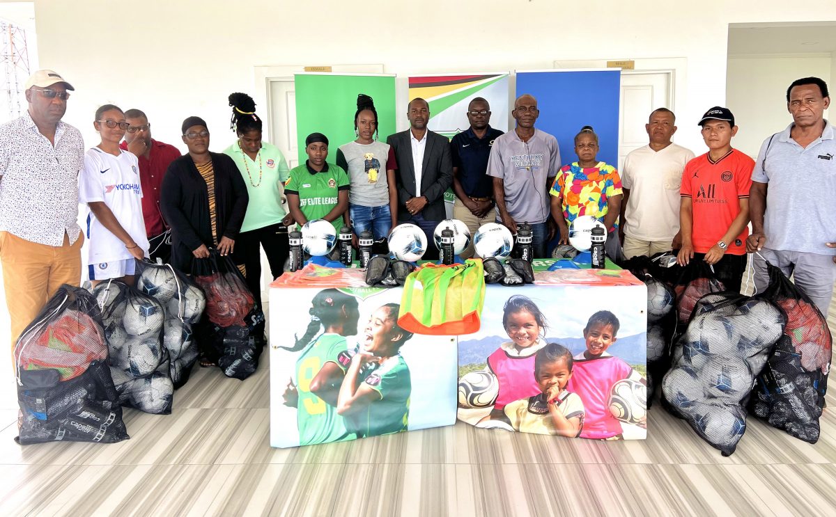 Officials from several of the participating clubs and the GFF posing alongside the donated equipment ahead of the intended start of the Women’s Developmental League