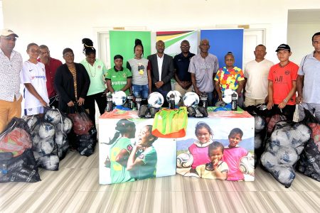 Officials from several of the participating clubs and the GFF posing alongside the donated equipment ahead of the intended start of the Women’s Developmental League
