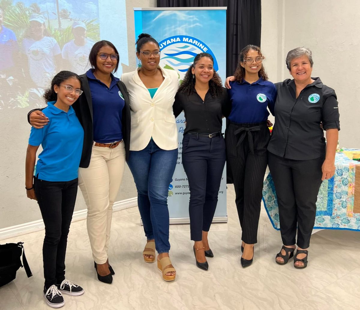 Founder of the Guyana Marine Conservation Society Annette Arjoon–Martins (at far right) and her team of marine scientists