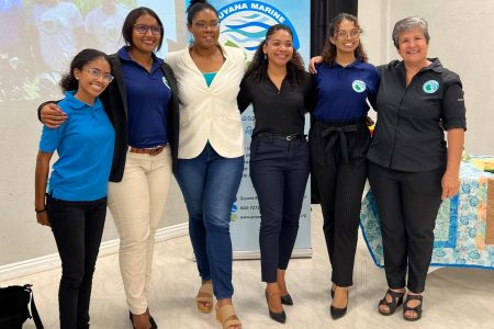 Founder of the Guyana Marine Conservation Society Annette Arjoon–Martins (at far right) and her team of marine scientists