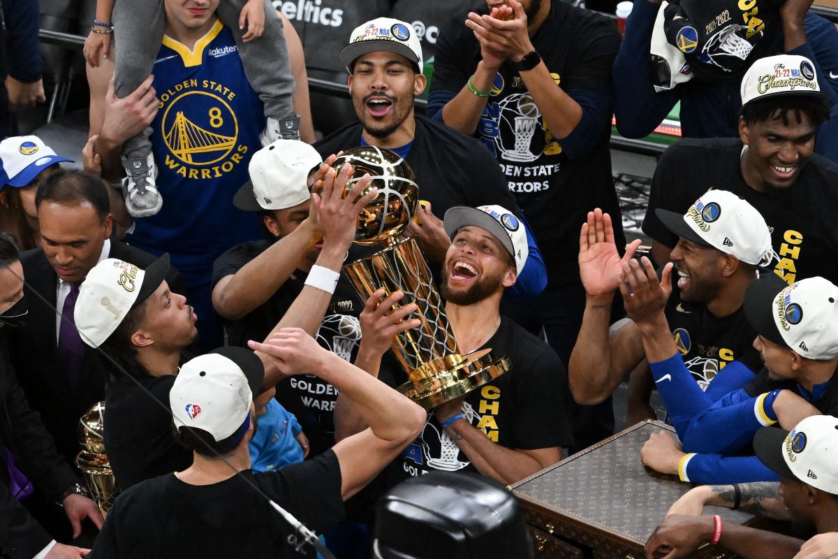 The Golden State Warriors celebrating after winning their 4th NBA title in eight years 
