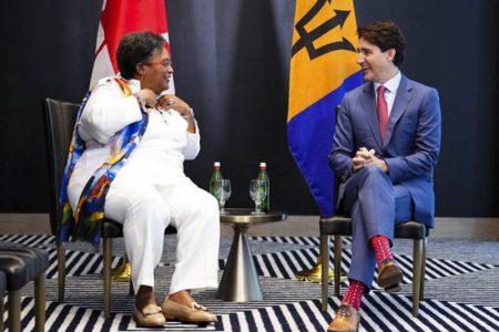 Canadian Prime Minister Justin Trudeau meets with Barbados Prime Minister Mia Mottley during the recent Summit of the Americas.  SEAN KILPATRICK/ THE CANADIAN PRESS
