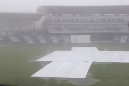  Murky conditions at the Brian Lara Stadium yesterday