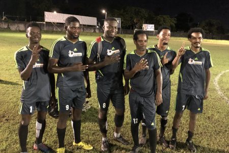 Northern Rangers scorers (from left) Tevin Fowler, Steven Sankar, Wendell St. Hill, Nigel Denny, Kellon Blue, and Tefon Daly. Missing from the photo is Devon Dooker