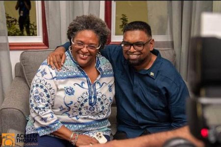 Getting it together: Prime Minister  of Barbados Mia Mottley and President of the Cooperative Republic of Guyana  Irfaan Ali Picture taken from Suelle Findlay William