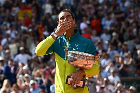Rafa Nadal celebrating his record extending 14th French Open title