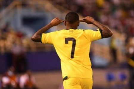 Jamaica’s Leon Bailey celebrates scoring the opening goal of a Concacaf Nations League encounter against Mexico inside the National Stadium Tuesday evening.