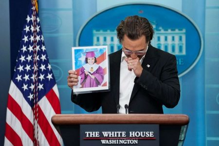 Actor Matthew McConaughey, a native of Uvalde, Texas as well as a father and a gun owner, becomes emotional as he holds up a picture of 10-year-old victim Alithia Ramirez as he speaks to reporters about the school shooting in Uvalde during a press briefing at the White House in Washington, June 7, 2022.
Kevin Lamarque/Reuters
