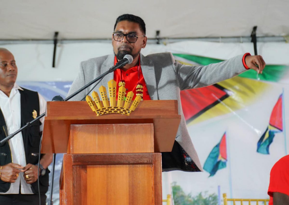 President Irfaan Ali speaking yesterday at the 74th anniversary of the Enmore Martyrs held at Enmore, East Coast Demerara. (Office of the President photo)
