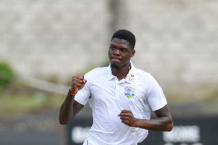 Fast bowler Alzarri Joseph celebrates a wicket on the fourth day of the second Test against Bangladesh yesterday. (Photo courtesy of CWI Media) 