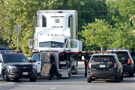 Law enforcement at the scene, where people were discovered inside a tractor trailer in a Walmart parking lot at IH35 South and Palo Alto Road, Sunday, July 23, 2017. Reports say that 8 were dead and several were in critical condition.Edward A. Ornelas/San Antonio Express-News