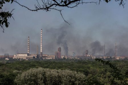 Smoke rises after a military strike on a compound of Sievierodonetsk's Azot Chemical Plant, amid Russia's attack on Ukraine, in the town of Lysychansk, Luhansk region, Ukraine June 10, 2022. Picture taken June 10, 2022. REUTERS/Oleksandr Ratushniak