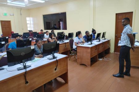 Candidates took the Theoretical Driver’s Examination online in Berbice on Friday. (Police photo)