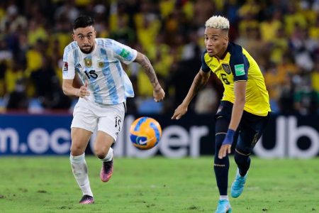 FLASHBACK! Ecuador’s Byron Castillo in action with Argentina’s Nicolas Gonzalez  in March. Pool via REUTERS/Franklin Jacome