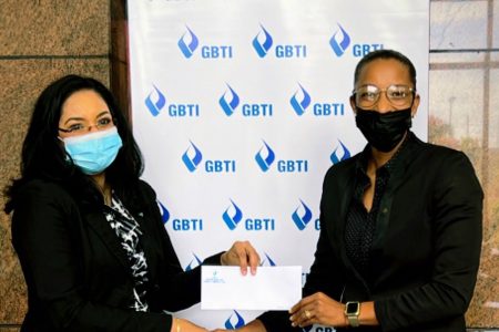 Public Relations and Marketing Manager of GBTI, Pamela Binda-Pryce recently handed over the sponsorship cheque to Cristy Campbell, President of Guyana Tennis Association at the Bank’s head office in Kingston.