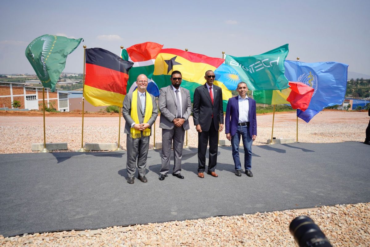 President Irfaan Ali (second from left) at the launching of the factory. Rwanda’s President Paul Kagame is second from right. (Office of the President photo)