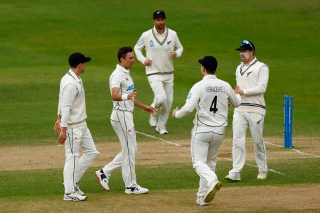 New Zealand’s Trent Boult celebrates with teammates after taking the wicket of England’s Matthew Potts Action Images via Reuters/Andrew Boyers