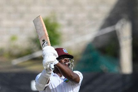 Kyle Mayers goes on the attack during his unbeaten 126 against Bangladesh yesterday. (Photo courtesy CWI Media) 