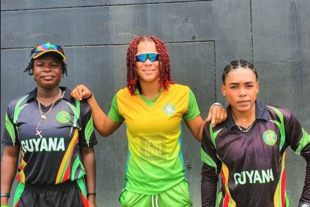 (L-R) Tremayne Smartt (4-12), Cherry-Ann Fraser (3-19) and Shemaine Campbelle (30 not out) ensured Guyana Women a spot in the semi-final of the CG Insurance Super50 Cup. (Avenash Ramzan photo)

