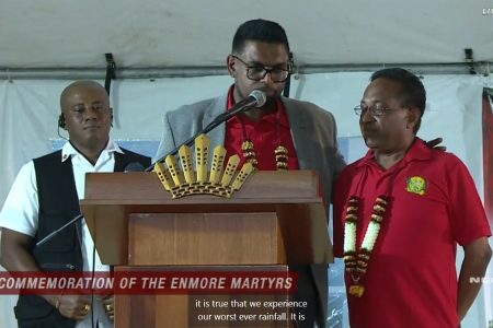 President Irfaan Ali (second from right) in his question and answer session with GAWU President Seepaul Narine (right) (Screengrab from NCN footage)