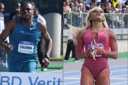Christian Coleman, left, stormed to victory in the 100m while Sha’carri Richardson won the 200m at the New York City Grand Prix event yesterday.