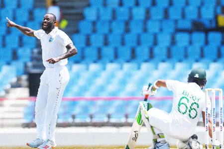 Fast bowler Anderson Phillip gains an lbw decision against Anamul Haque on yesterday’s opening day. (Photo courtesy CWI Media)