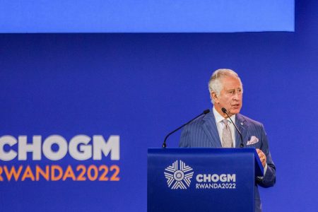 Britain's Prince Charles addresses the opening ceremony of the Commonwealth Heads of Government Meeting (CHOGM) at Kigali Convention Centre in Kigali, Rwanda June 24, 2022. REUTERS/Jean Bizimana 