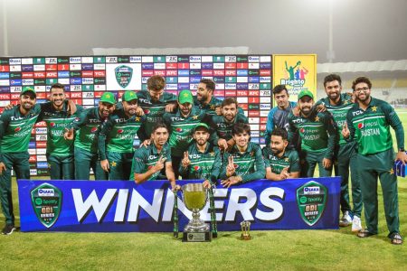 The Pakistan Cricket team celebrates its 3-0 series triumph over the West Indies. (Photo courtesy Twitter)